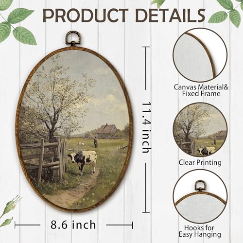 Yjeslw Vintage Farmhouse Cow Oval Wall Art Decor, Rustic Country Landscape Canvas Prints Framed, Antique Moody Countryside Cow Wall Hanging Decor for Home Bedroom Living Room, 8.6x11.4 Inches by Yjeslw - Used condition - Image 7
