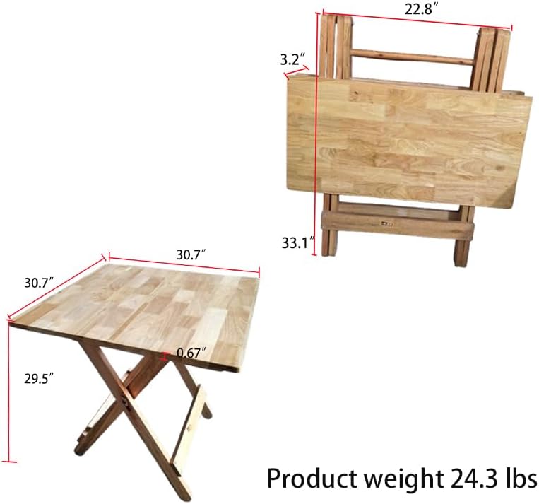 30.7“Solid Wood Folding Dining Table, Multipurpose Square Desk | No Installation, Portable for Indoor Outdoor, Kitchen, Office, Easy Storage & Space Saving