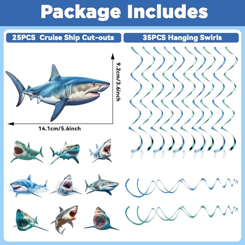 Image of CHUNNIN 60PCS Shark Birthday Party Supplies Blue Ocean Shark Theme Hanging Swirls Under the Sea Birthday Swirls Foil Ceiling Streamers for Ocean Realistic Sharks Theme Party Decorations