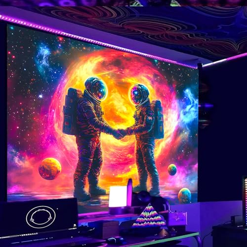 Image of Nuxovilar Astronaut Handshake Wall Tapestry Polyester 59.05x51.18 In | Glow Poster Trippy Wall Art Cosmic Decor UV Backdrop Living Room Bedroom Lounge Space Room (Galaxy Handshake)