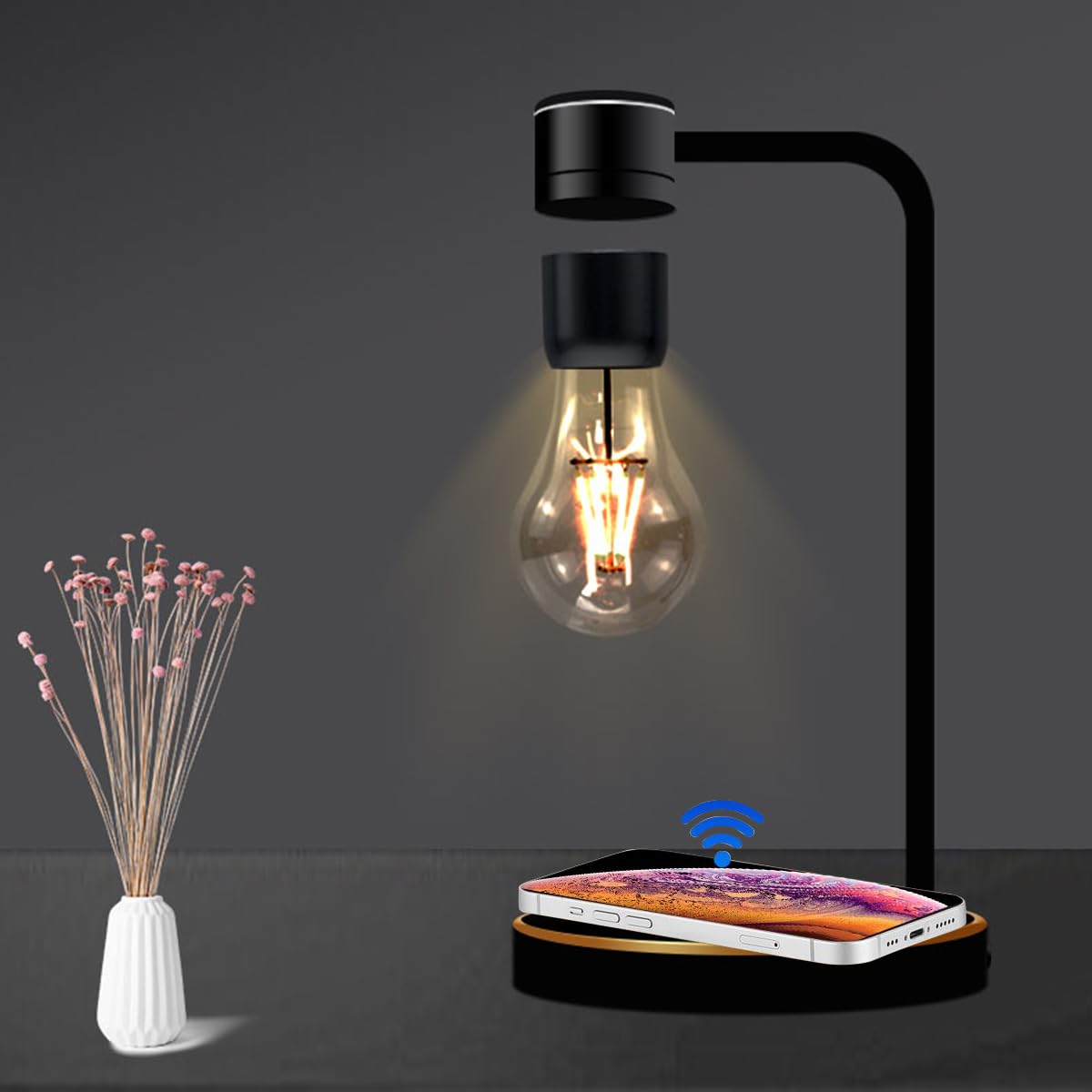 UVEHAS Lewitująca lampa z bezprzewodową ładowarką, magnetyczna pływająca żarówka obracająca się o 360 stopni żarówka LED lampka nocna lampa biurkowa na prezenty urodzinowe biuro wystrój domu