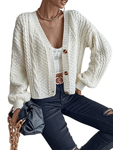 SweatyRocks Women's Cable Knit Long Sleeve V Neck Cardigan Drop Shoulder Button Front Sweater3