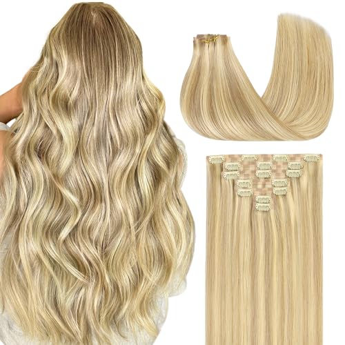 GOO GOO Clip in Hair Extensions Real Human Hair, Remy Human Hair Extensions Clip ins for Women, Natural Human Hair, 16inch 130g 7Pcs, 18D/22F Dirty Blonde Highlights