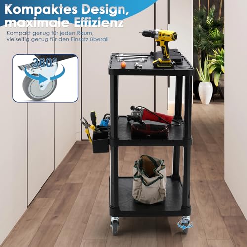 MOVERLY Schwerlast-Servierwagen, 69,9 x 46,4 cm, 3-stöckiger Rollwagen, Industrie-Kunststoff, Tragkraft 150 kg, Flache Ablagen mit Lenkrollen – Vielseitiger mobiler Wagen