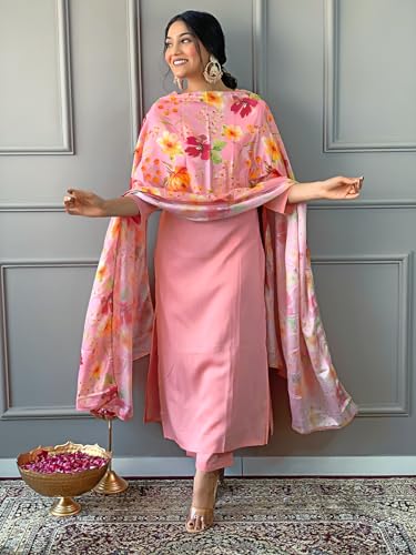 Image of Naixa Women's Firoji Rayon Blend Embroidered and Printed Straight Kurta with Rayon Blend Pant and Chinon Printed Dupatta Sets