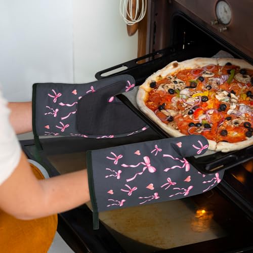 NIGOWAYS Oven Mitts - Black Bows Silicone Oven Mitt and Pot Holders,Heat Resistant Oven Mitts Sets with Quilted Cotton Lining,Cute Oven Gloves for Women Kitchen Cooking Baking,Microwave