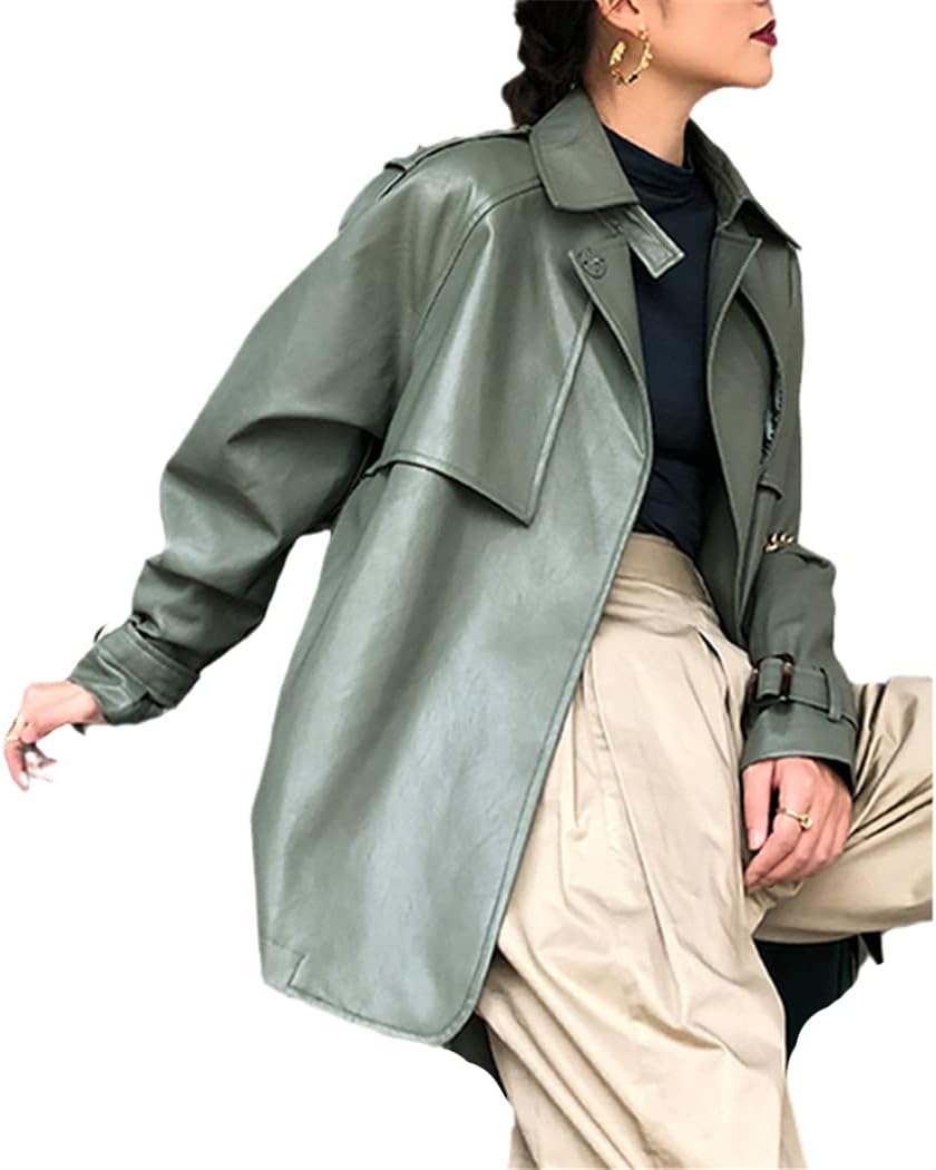 KEHAIOO Women Faux PU Leather Jacket, Casual Streetwear Outwear, Motorcycle Leather Jacket with Belt Biker Coat