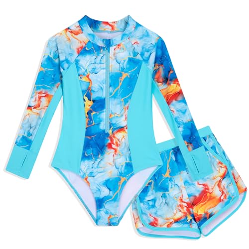 Girls Swimsuit Long Sleeve Rash Guard Two Piece Half Zipper Bathing Suits with Shorts Little Kids Sun Protection Rashguard Blue Marble Size 5-6