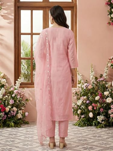 Image of INDO ERA Women's Cotton Blend Solid Straight Kurta with Pant & Dupatta Set
