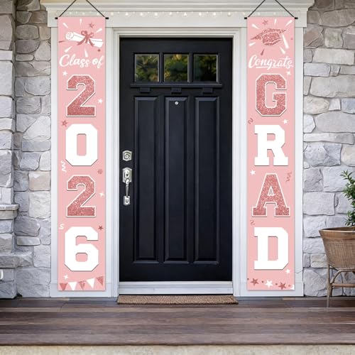 Image of Graduation Decorations 2026, Pink Rose Gold Door Porch Signs, Graduation Banner Class of 2026, Congrats Grad Banner for Door and Porch Graduation Party Supplies