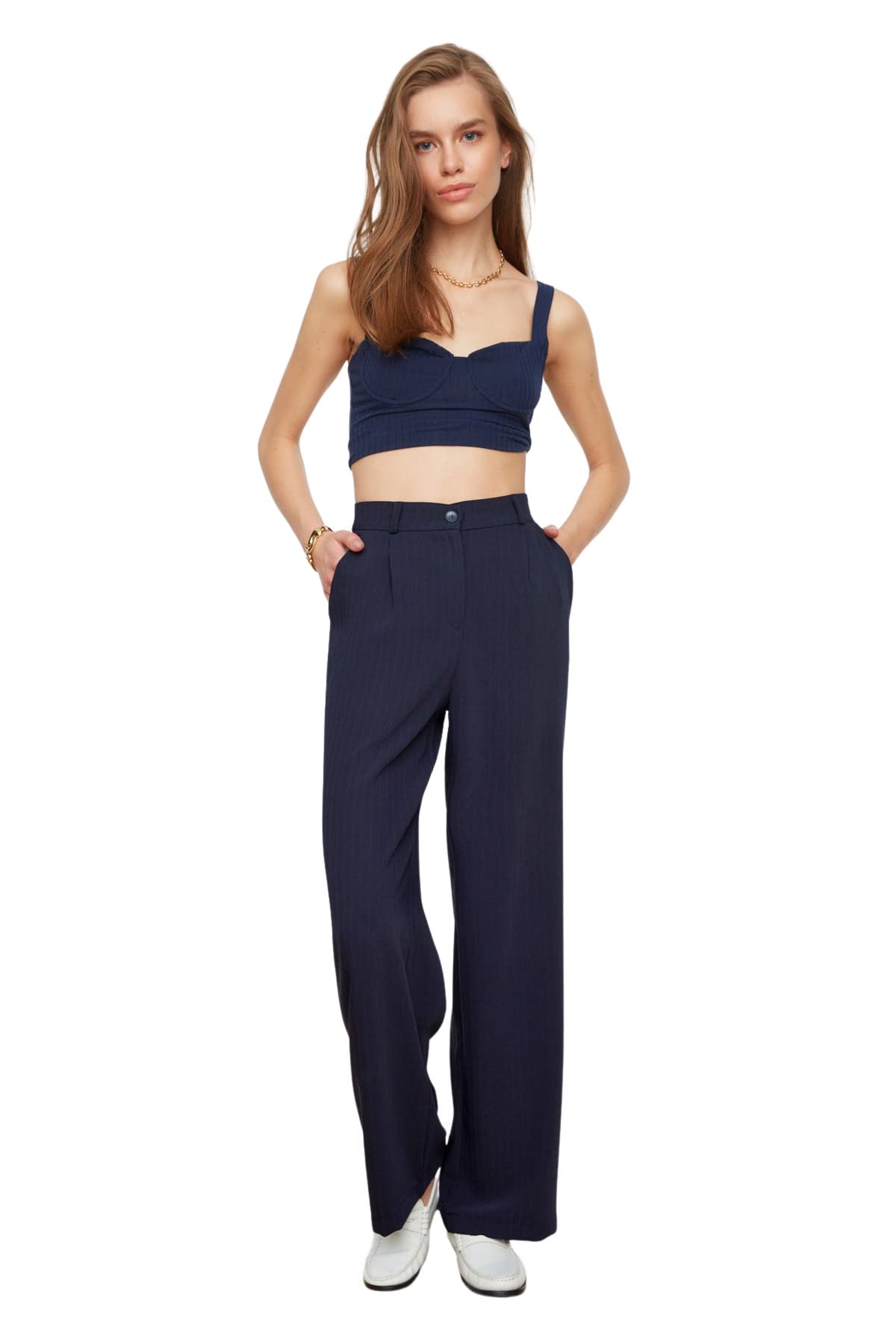 Trendyol Women High Waist Wide Leg Wide Leg Trousers Navy Blue