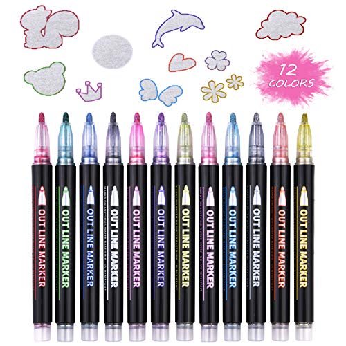 Vicloon 12 Cores Canetas de Contorno, Marcadores de Glitter Canetas de Linha Dupla, Para Desenhar, Cartões de Felicitações, Projetos de Artesanato, Cartazes, Álbuns de Fotos de Bricolagem