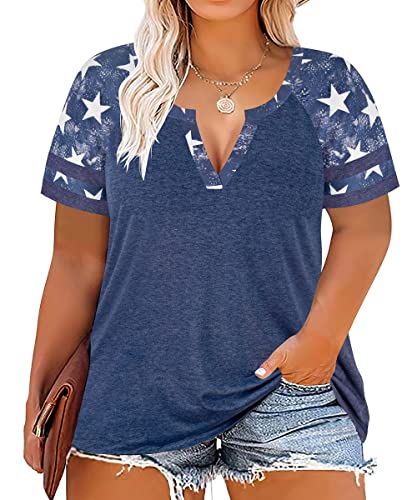 Image of CARCOS Plus Size Tops for Women Short Sleeve Summer Pullover Color Block Crewneck /V Neck Tee Tunic Loose Fit Tshirts XL-5XL