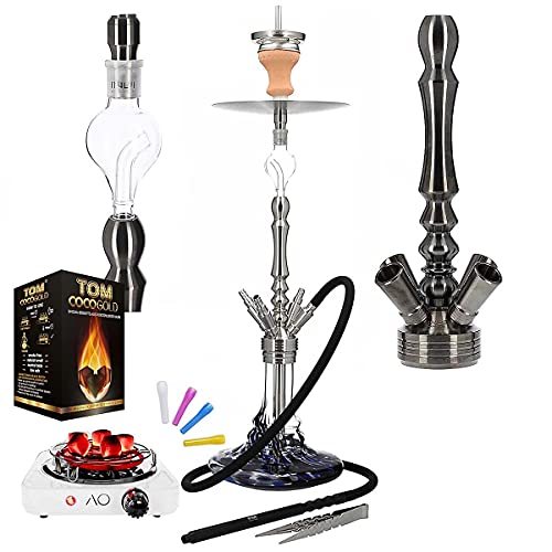 INVI Tesseract Shisha, Edelstahl, 76 cm, Premium-Shisha-Set mit 4 Schlauchanschlüssen, Molassefänger, Closed Chamber…