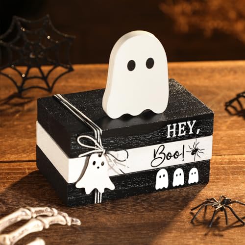4 Pcs Halloween Ghost Table Decorations Rustic Distressed Ghost Wooden Signs Farmhouse Halloween Tiered Tray Decor Mini Book Stack Centerpiece for Home Office Desk Shelf Mantel(White) - Image 3