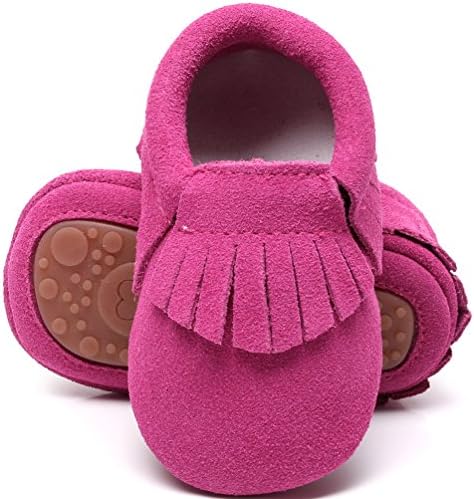 HONGTEYA Leather Baby Moccasins Hard Soled Tassel Crib Toddler Shoes For Boys and Girls (0-6 months/4.33inch, suede hot pink)
