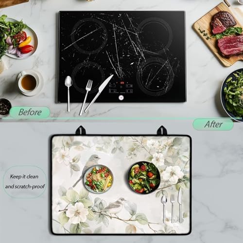 Image of Bird Flower Stove Top Covers for Electric Stove, Fashion Cute Stove Top Cover Protector, Heat Resistant Silicone Stove Mat, Wear Resistant Range Ceramic Gas Burners Mat