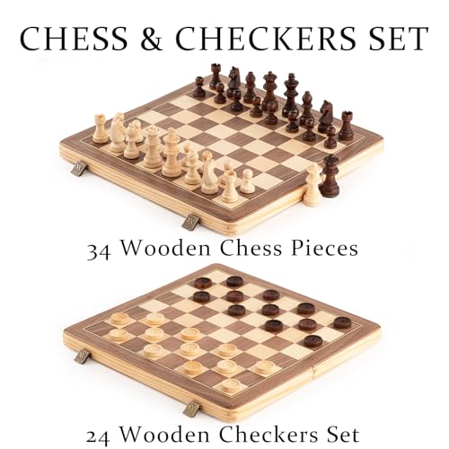 A&A Chess & Checkers - Set pieghevole in legno, 15 pollici, 2 pezzi extra queen…