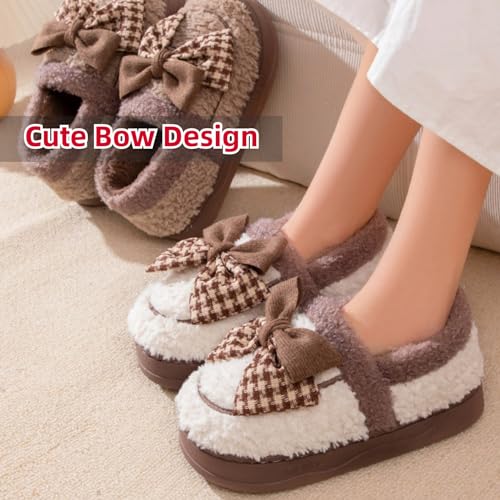 Women's Fuzzy Bow Slippers Indoor Bedroom House Shoes Slip On Winter Warm Plush Ladies Bedroom Slipper Outdoor Thick Anti-Skid Sole3