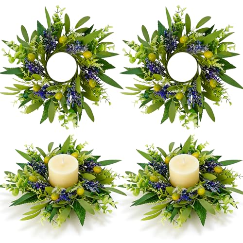 Image of 4 PCS Eucalyptus Olive Candle Rings Wreaths Spring Summer Greenery Kitchen Cabinet Wreaths Mini Green Boxwood Leaves Candle Wreath for Pillars Farmhouse Wedding Celebrations Tabletop Decoration