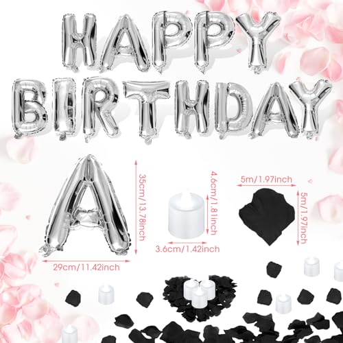 Image of Black and Silver Happy Birthday Balloons Decorations Happy Birthday Letter Balloons Banner with 24pcs Flameless LED Candles and 2000pcs Artificial Rose Petals for Women Men Room Party Decor
