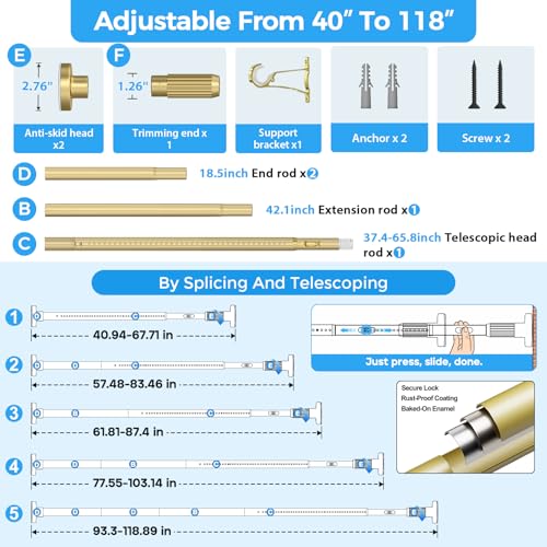 Image of AIZESI 41-118 Inch Heavy Duty Gold Tension Curtain Rod - No Drilling, Adjustable, Rust-Proof for Outdoor, Living Room, Bathroom