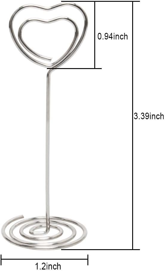 Table Number Card Holders, 25 Pack Heart Shape Table Photo Holder Table Picture Stand Place Card Holder for Paper Menu Clips (Silver)
