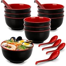 10 Pack Miso Soup Bowl with Spoon, 16 Oz Japanese Melamine Noodle Bowls Unbreakable Miso Soup Cereal Bowls or Ramen, Udon, Soba, Pho and Soup, Black/Red