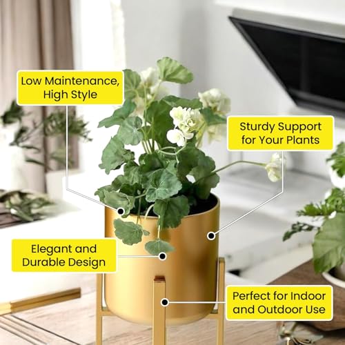 Image of NMT Metal Flower Plant Pots for Living Room, Bedroom | Tall Indoor Planters Pots Self Watering Rust-Free for Home Decor Living Room Set 3 || Golden