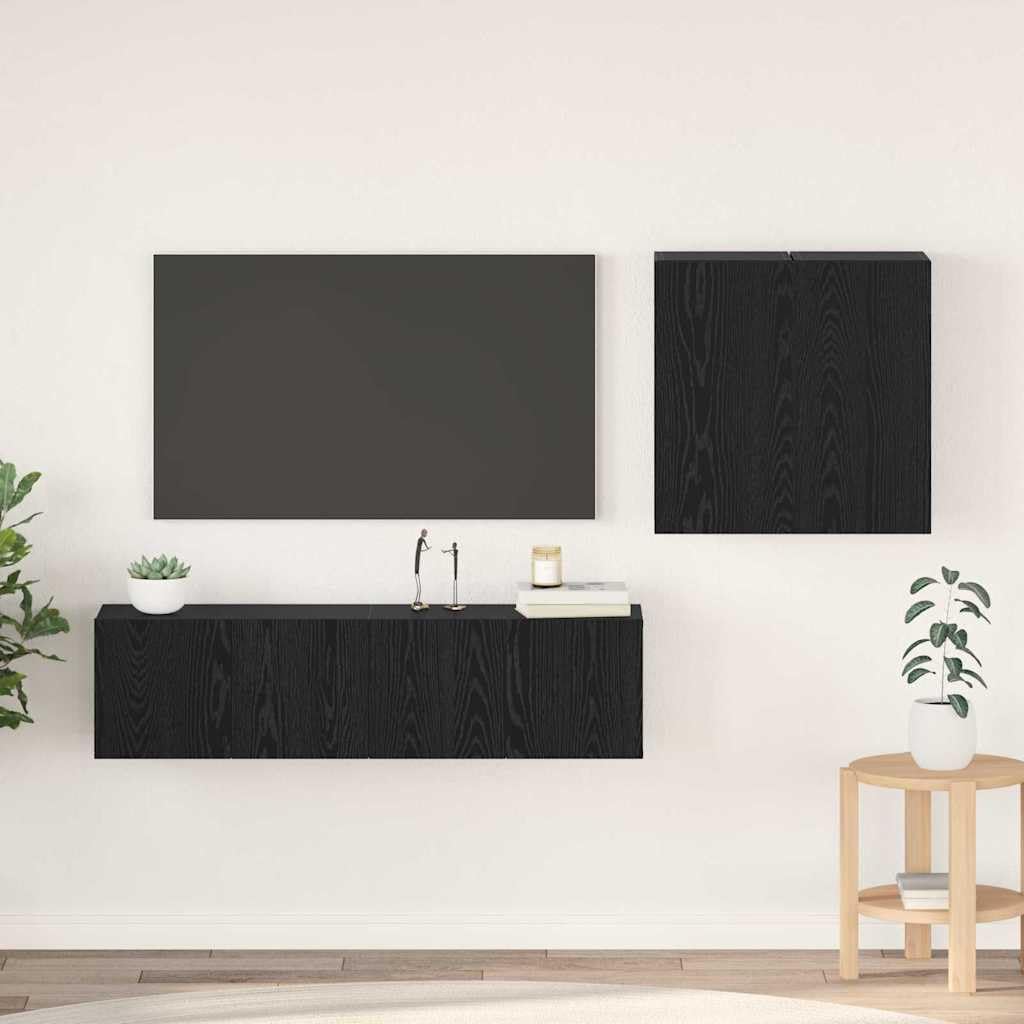 Zestaw szafek pod telewizor, montowana na ścianie, kolor czarny, imitacja dębu, materiał drewnopochodny, 120 x 30 x 30 cm, z 2 drzwiami, 4 półki, do salonu, kina domowego, gier