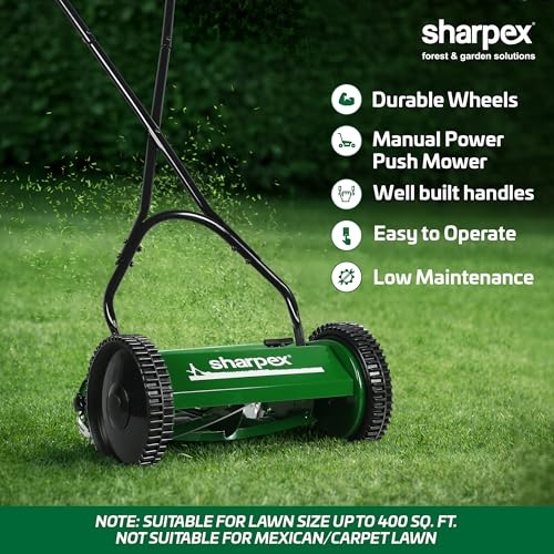 Image of Sharpex 12 inch Manual Push Lawn Mower for Home Garden | 17-33mm Grass Cutting Range | 5 Height Adjustment Positions | Suitable for up to 400 sq ft | Without Grass Catcher | Made in India | Green