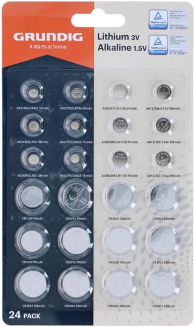 Grundig Button Cell Battery Set of 24 – Lithium 3 V and Alkaline 1.5 V – AG and CR Types – for Watches Remote Controls Toys