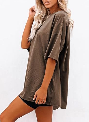 Dokotoo Womens Juniors Casual Summer Tops Short Sleeve Oversized Crewneck Shirts Loose Solid Color Tunic Blouse Basic Tee Fashion T-Shirt And Blouses Brown Medium #TOP2