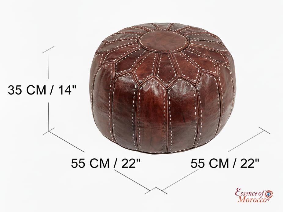 Pouf Marocain En Cuir Véritable – Bleu, Rond, Artisanat Du Maroc, Neuf