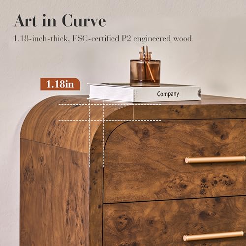 Image of Curved 6-Drawer Dresser for Bedroom, 54 inch Wide Modern Chest of Drawers, Vanity Desk TV Stand for Living Room, Closet Storage Drawers Organizer Furniture, Nursery, Dark Burl