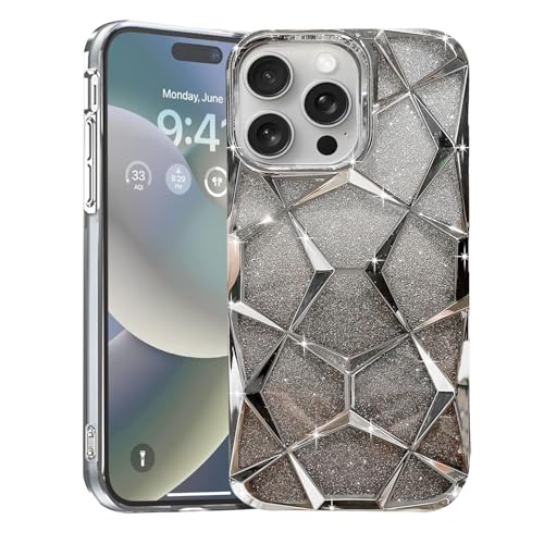 Image of VONZEE Compatible with iPhone 15 Pro Gradient Glitter Case, Luxury Electroplated Geometric 3D Cube, Diamond Bling Shiny Soft TPU Clear Shockproof Case Women Girls Protective Phone Cover (Grey)