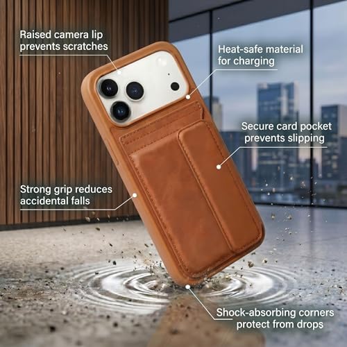 Image of amazon basics Luxury Vegan Leather Back Cover for iPhone 17 Pro Max | Built-in Card Holder Slot | Integrated Mobile Stand | Slim Shockproof Protective Case with Stitched Finish - Tan