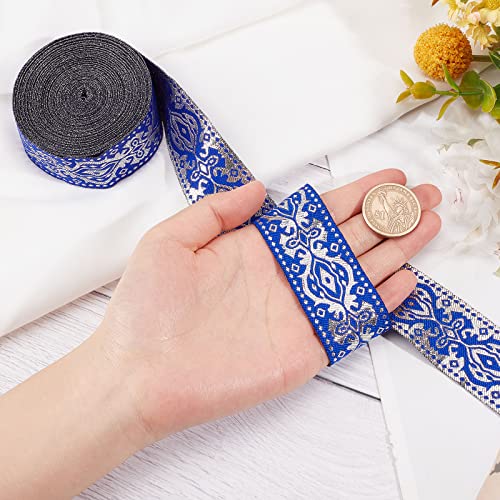 GORGECRAFT Ethnic Jacquard Ribbon 33mm Wide Double Side Blue Floral Embroidery Polyester Woven Ribbons Silver Trim Fringe Band for DIY Sewing Crafts Clothing Curtain Home Embellishment Accessories - Image 3
