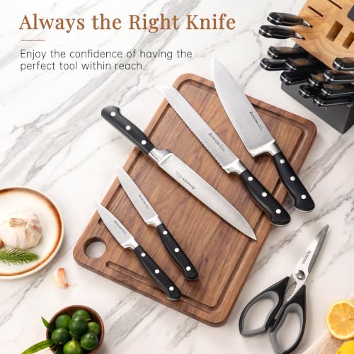 Image of Astercook Kitchen Knife Set Full Tang with Block and Sharpener Elegant