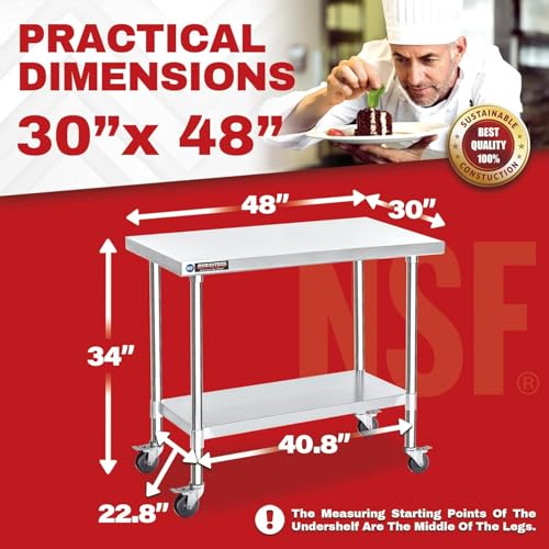 Image of DuraSteel 30x48 NSF Stainless Steel Cart Work Table - Heavy Duty Rolling Food Prep Table Countertop Island - Metal Utility Cart on Wheels Caster, Grill Stand Storage Outdoor Kitchen Tables Bar Top