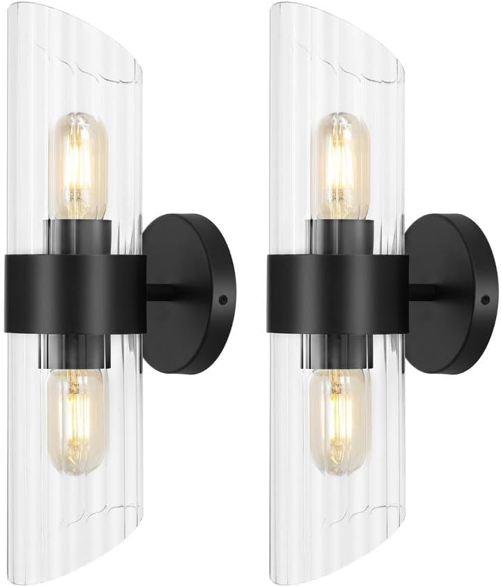 SAFAVIEH Lighting Collection Eytan Clear Glass/Black Vertical Wall Sconce Set of 2 Light Fixture, Ideal for Bathroom, Entryway, Vanity, Foyer, Hallway, Living Room (LED Bulbs Included)