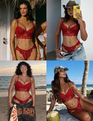 Image of Avidlove Lingerie for Women Lace Strappy Underwear V Neck Bra and Panty Sets 2 Piece Bralette Outfits
