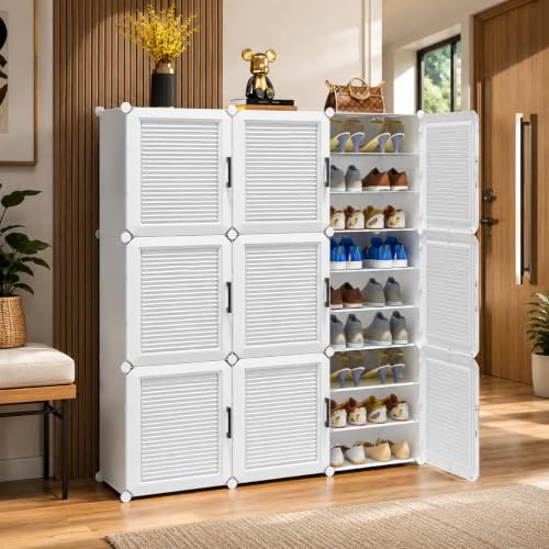 Image of Mevigo Plastic Shoe Rack for Home with Door |27-Tier Stackable Shoe Organizer | Holds 54 Pairs |Waterproof & Dustproof | DIY Modular Shoe Cabinet |Chappal Slipper Stand for Bedroom