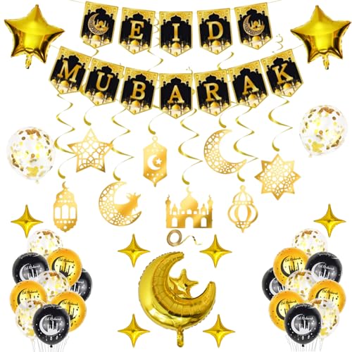 YFCJYBF Eid Mubarak Deko Set Schwarz Gold Folienballon Stern Mond Luftballons Banner & Girlanden für Ramadan Fest & Partydeko