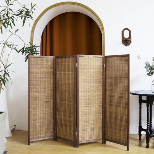 4 Panel Short Panel Divider Screen,3.95 FT Tall Bamboo Room Divider Folding Privacy Screen,Short Panel Divider Freestanding Room Divider for Room Seperation,Brown