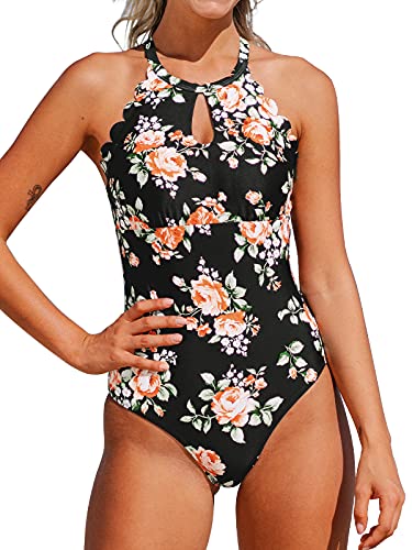 CUPSHE Women's One Piece Swimsuit Tummy Control Floral High Neck Bathing Suit, XXL