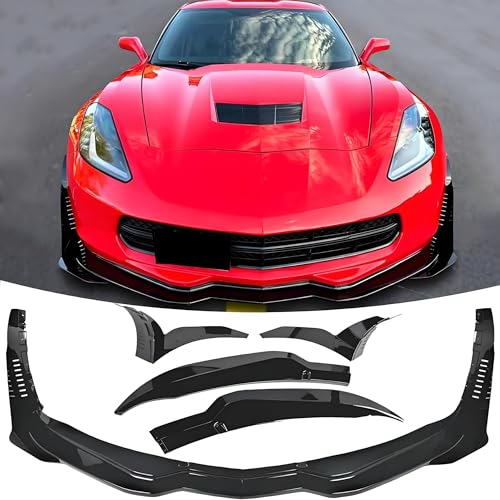 NEESPOC Front Bumper Lip Splitter Spoiler + Side Winglets Fit for Chevy Corvette C7 1LT/ 2LT/ 3LT/ Z06/ Z51/ Stingray/Grand Sport 2014-2019 Gloss Black 4pcs Exterior Accessories Air Chin Body Kit