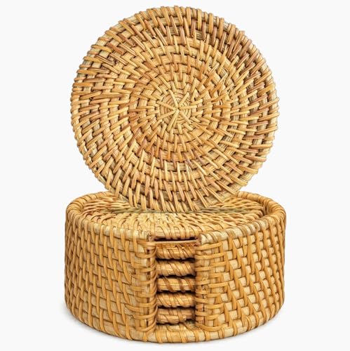 Set of 6PCS Handmade Rattan Coasters with Holder, Natural Wicker Boho Coasters, Heat-Resistant for Hot & Cold Drinks (Natural Rattan)