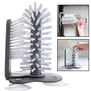 Water Bottle Cleaning Brush Glass Cup Washer with Suction Base Bristle Brush for Beer Cup, Long Leg Cup, Red Wine Glass and More Bar Kitchen Sink Home Tools Grey