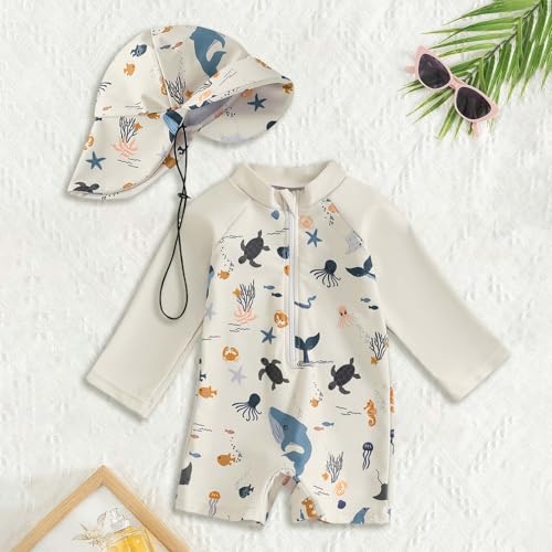 Traje de Baño Bebé UPF50+ con Capucha y Mangas Largas Rash Guard con Cremallera Cómoda y Transpirable Traje de Baño Bebe Niño Niña de Verano de Playa Vacaciones para 0-3 Años
